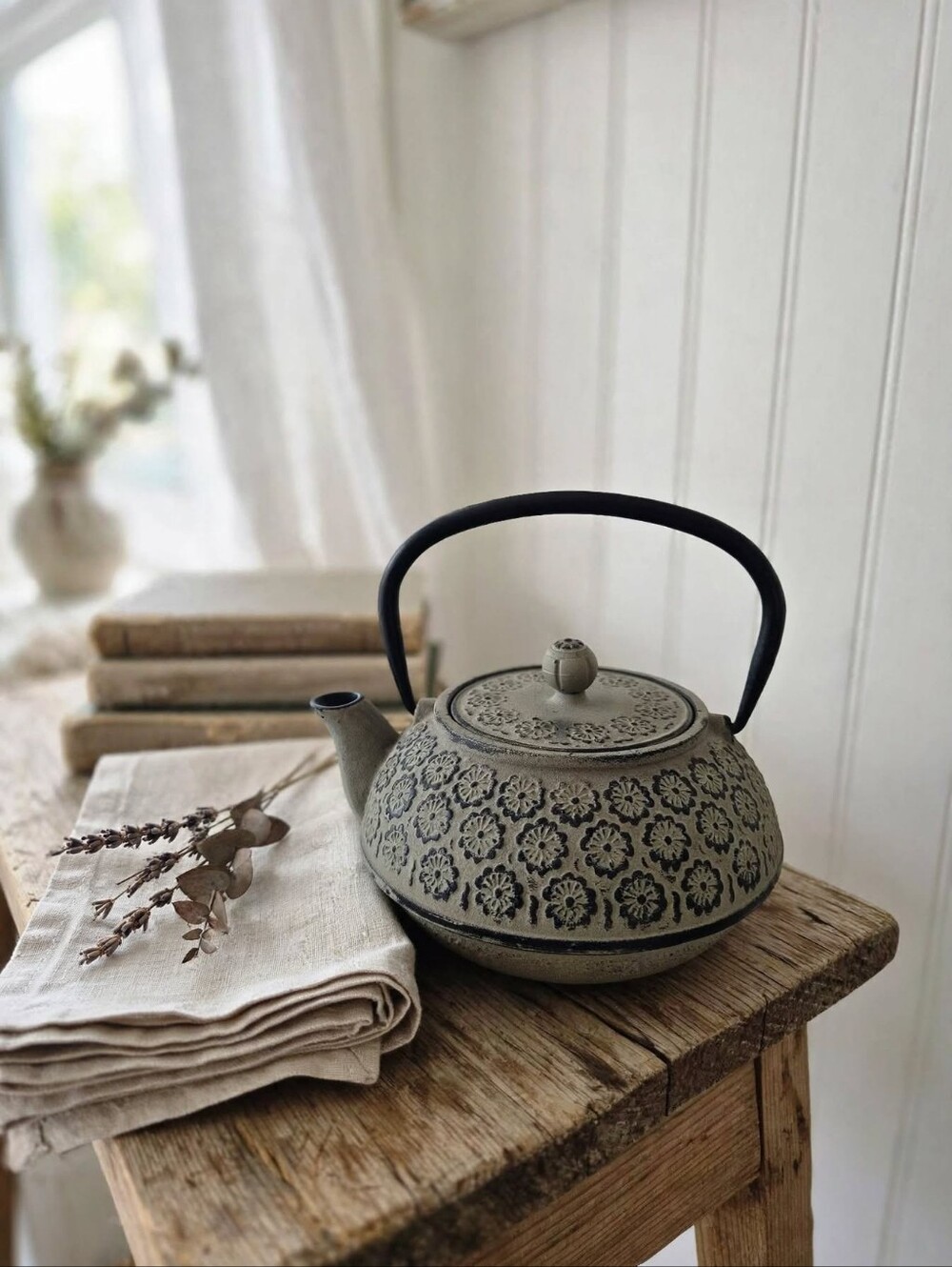 Well Equipped Kitchen Cast Iron Teapot Sage Green Floral Mesh Infuser
